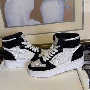 Stylish Black and White High-Top Women's Sneakers with rhinestones